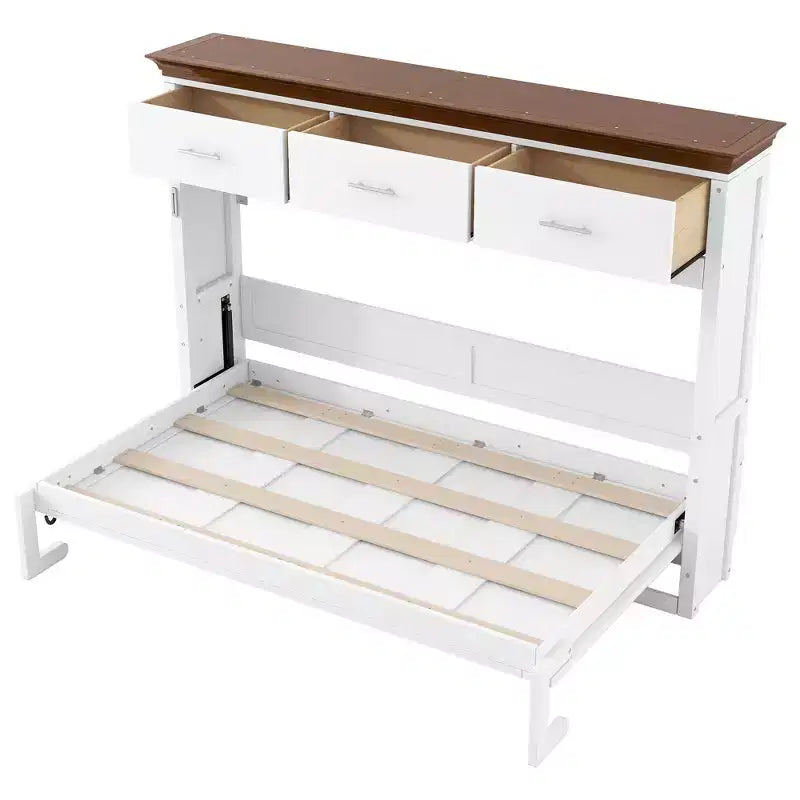 Lit escamotable double, Lit armoire double en bois avec 3 tiroirs, Lit coffre mural pliable pour chambre d'amis/bureau, Blanc