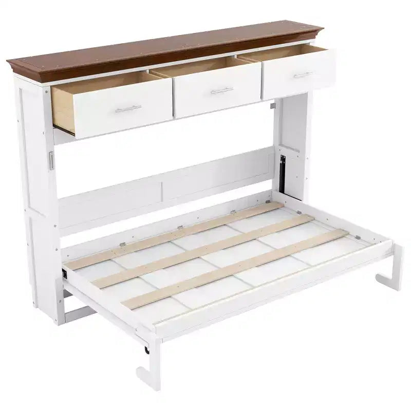 Lit escamotable double, Lit armoire double en bois avec 3 tiroirs, Lit coffre mural pliable pour chambre d'amis/bureau, Blanc