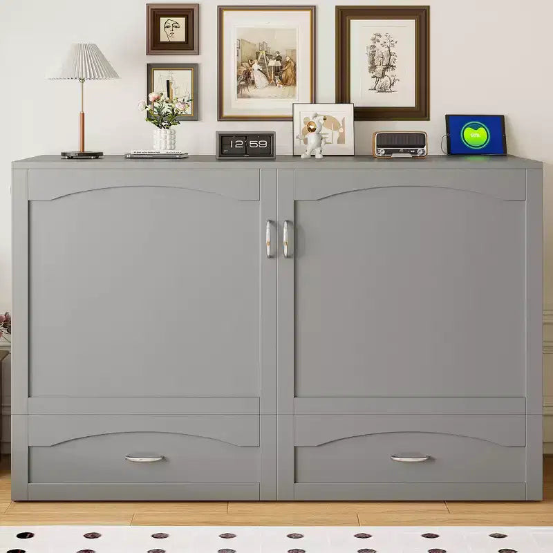 Lit escamotable Queen Size avec tiroirs, lit escamotable en bois avec prises et ports USB, conception de structure à poulie, gris