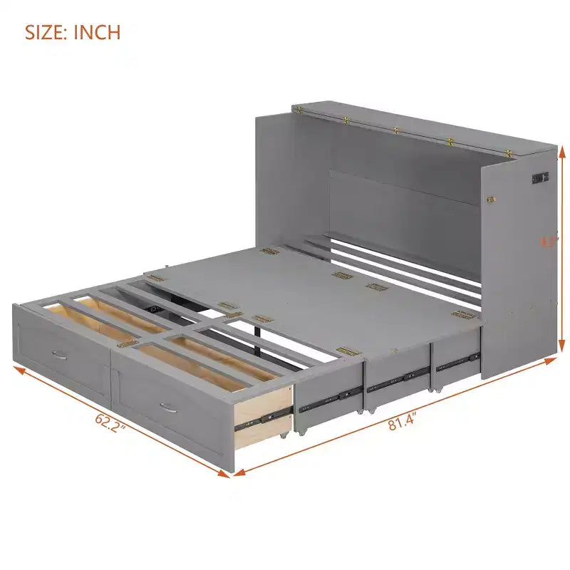 Lit escamotable Queen Size avec tiroirs, lit escamotable en bois avec prises et ports USB, conception de structure à poulie, gris