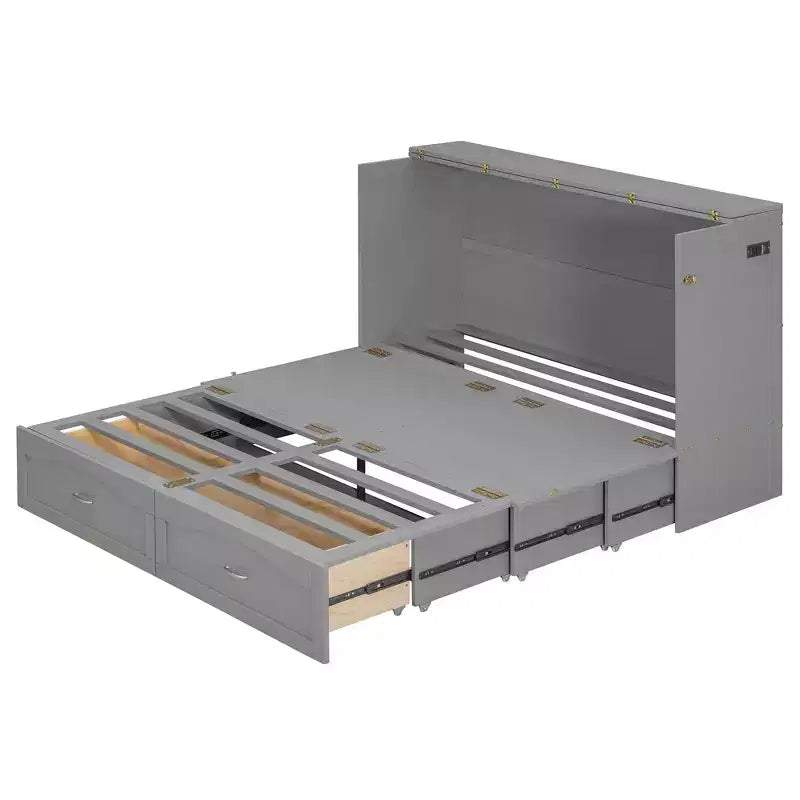 Lit escamotable Queen Size avec tiroirs, lit escamotable en bois avec prises et ports USB, conception de structure à poulie, gris