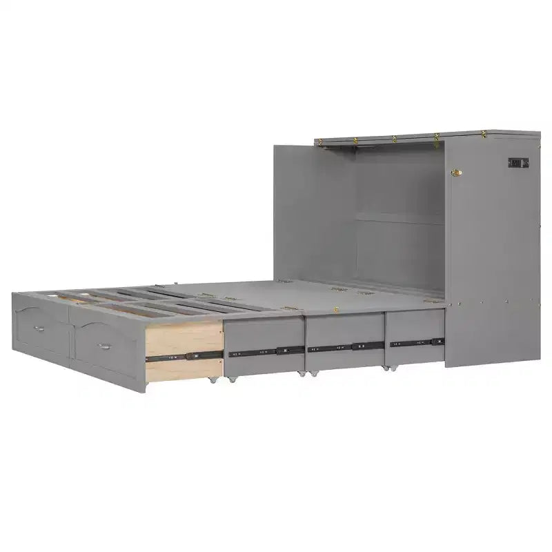 Lit escamotable Queen Size avec tiroirs, lit escamotable en bois avec prises et ports USB, conception de structure à poulie, gris