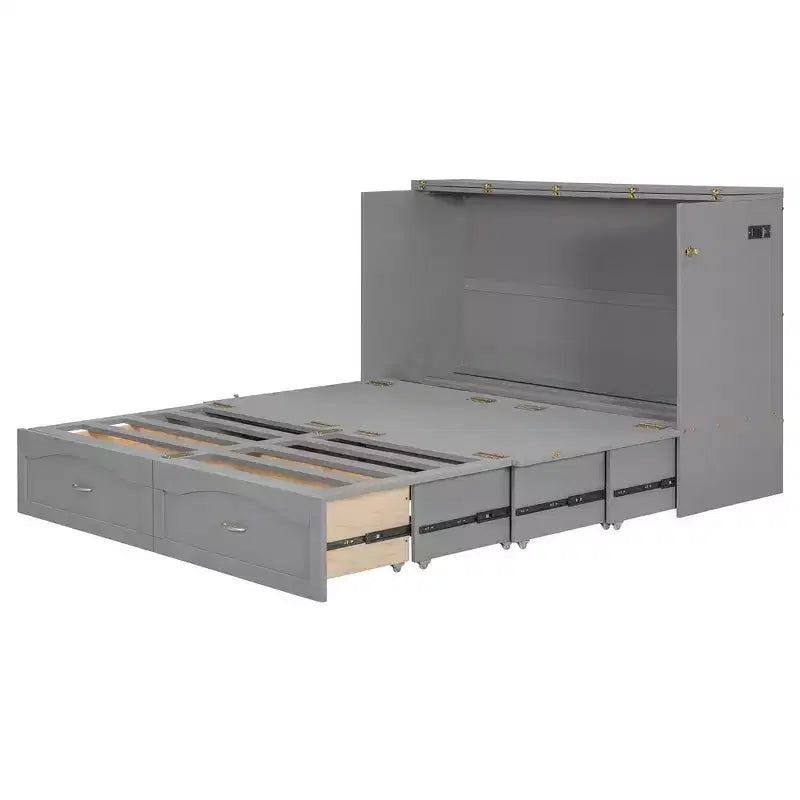 Lit escamotable Queen Size avec tiroirs, lit escamotable en bois avec prises et ports USB, conception de structure à poulie, gris