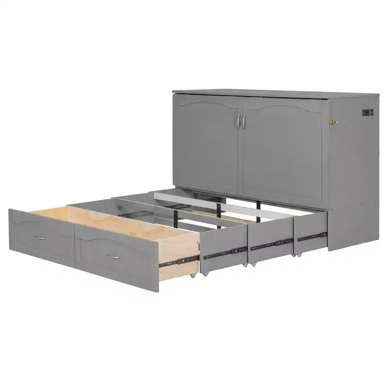 Lit escamotable Queen Size avec tiroirs, lit escamotable en bois avec prises et ports USB, conception de structure à poulie, gris