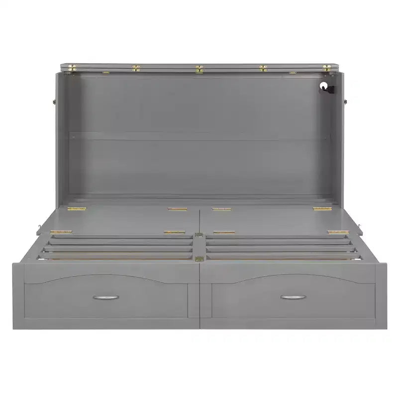 Lit escamotable Queen Size avec tiroirs, lit escamotable en bois avec prises et ports USB, conception de structure à poulie, gris
