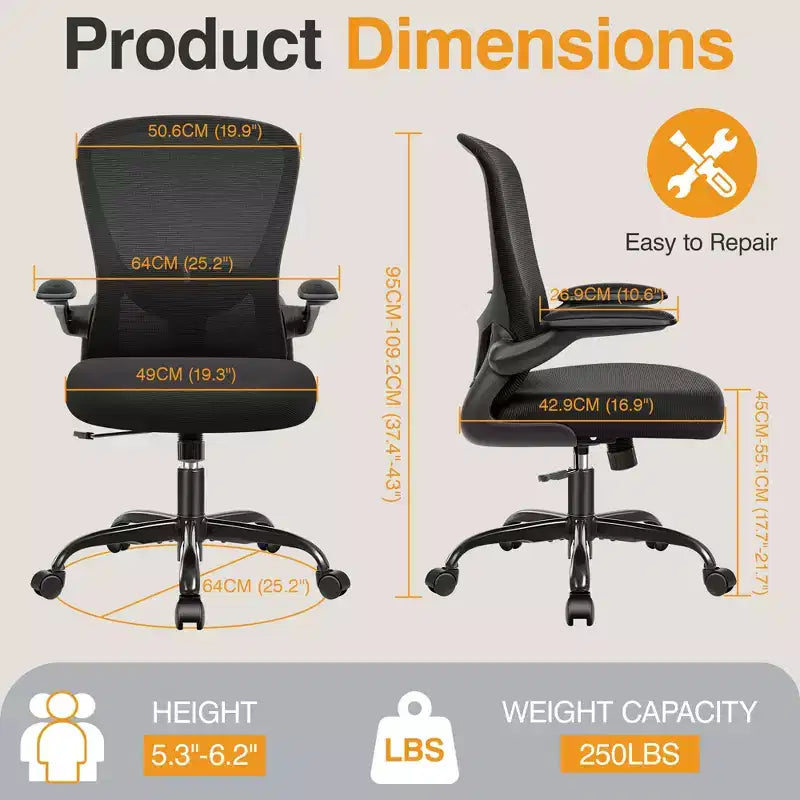 Chaises de bureau KERDOM, chaise de bureau ergonomique pour PC avec roulettes, support lombaire et hauteur réglables, chaise d'ordinateur pivotante