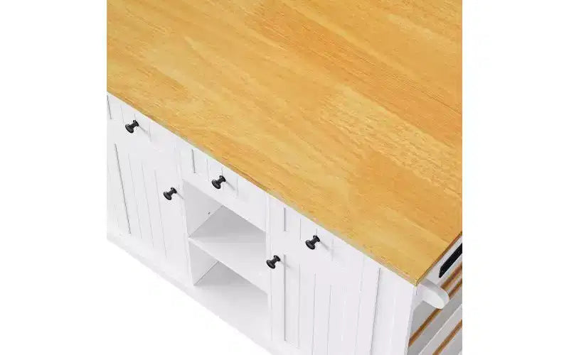 JVNOXK Îlot de cuisine roulant à 5 roues de 134,62 cm avec plateau pliant, prise de courant, étagère de rangement avec porte et étagère latérale, convient aux cuisines, blanc