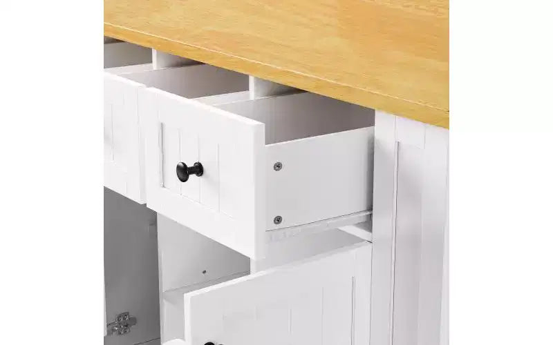 JVNOXK Îlot de cuisine roulant à 5 roues de 134,62 cm avec plateau pliant, prise de courant, étagère de rangement avec porte et étagère latérale, convient aux cuisines, blanc