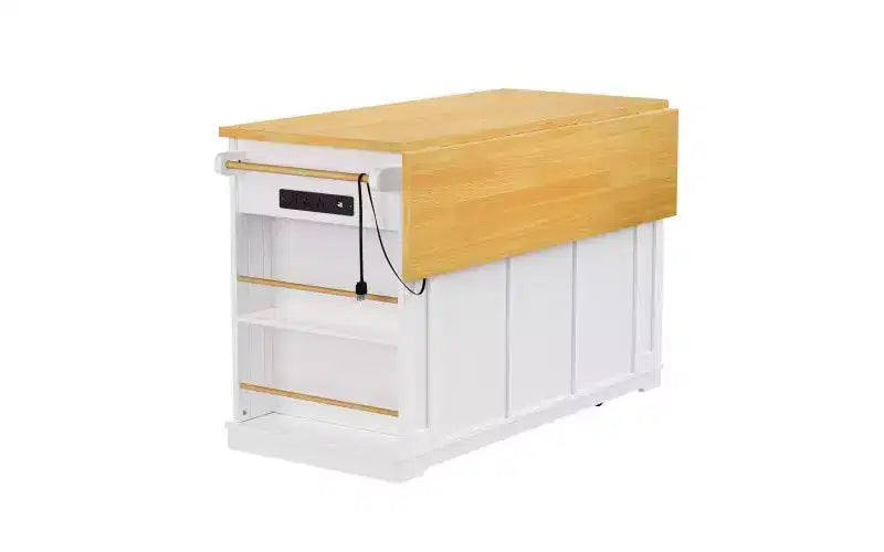 JVNOXK Îlot de cuisine roulant à 5 roues de 134,62 cm avec plateau pliant, prise de courant, étagère de rangement avec porte et étagère latérale, convient aux cuisines, blanc