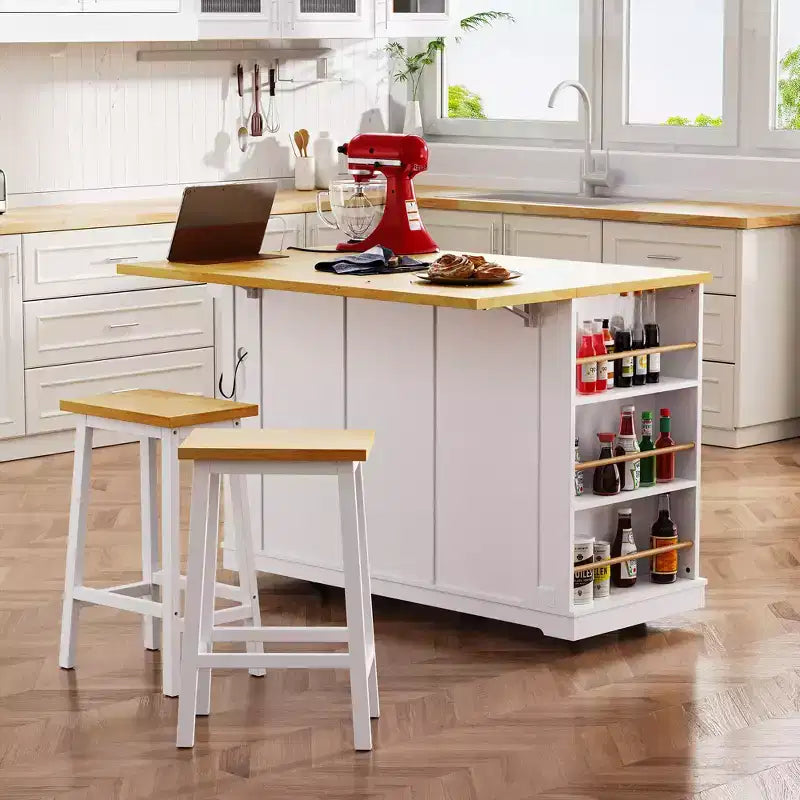JVNOXK Îlot de cuisine roulant à 5 roues de 134,62 cm avec plateau pliant, prise de courant, étagère de rangement avec porte et étagère latérale, convient aux cuisines, blanc