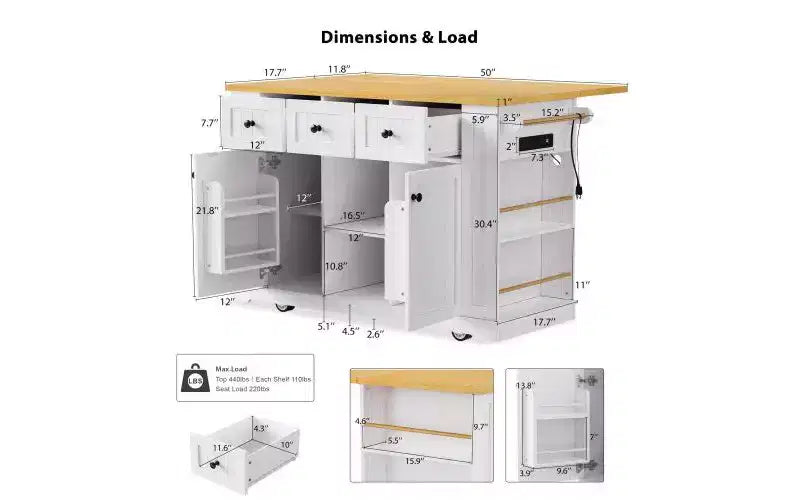 JVNOXK Îlot de cuisine roulant à 5 roues de 134,62 cm avec plateau pliant, prise de courant, étagère de rangement avec porte et étagère latérale, convient aux cuisines, blanc