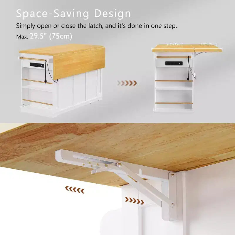 JVNOXK Îlot de cuisine roulant à 5 roues de 134,62 cm avec plateau pliant, prise de courant, étagère de rangement avec porte et étagère latérale, convient aux cuisines, blanc