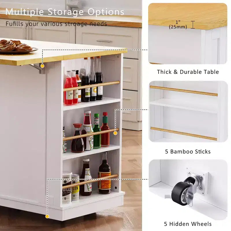 JVNOXK Îlot de cuisine roulant à 5 roues de 134,62 cm avec plateau pliant, prise de courant, étagère de rangement avec porte et étagère latérale, convient aux cuisines, blanc