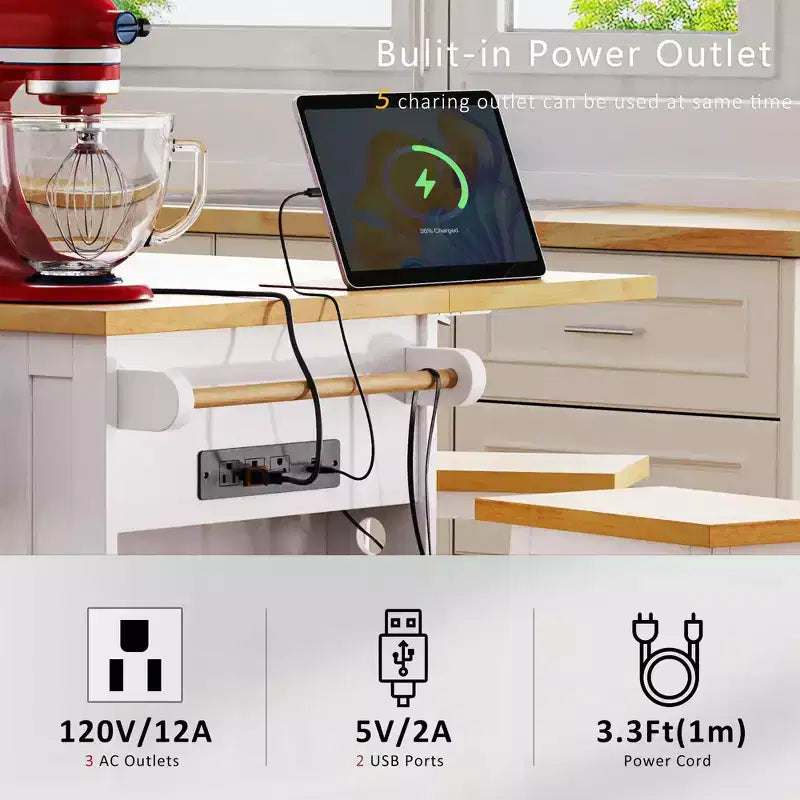 JVNOXK Îlot de cuisine roulant à 5 roues de 134,62 cm avec plateau pliant, prise de courant, étagère de rangement avec porte et étagère latérale, convient aux cuisines, blanc