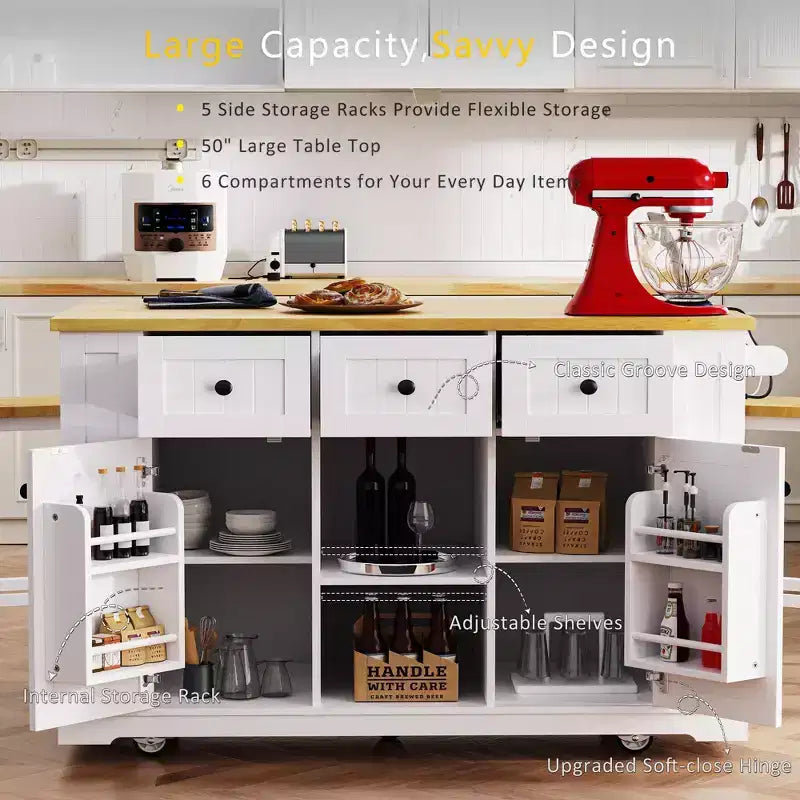JVNOXK Îlot de cuisine roulant à 5 roues de 134,62 cm avec plateau pliant, prise de courant, étagère de rangement avec porte et étagère latérale, convient aux cuisines, blanc