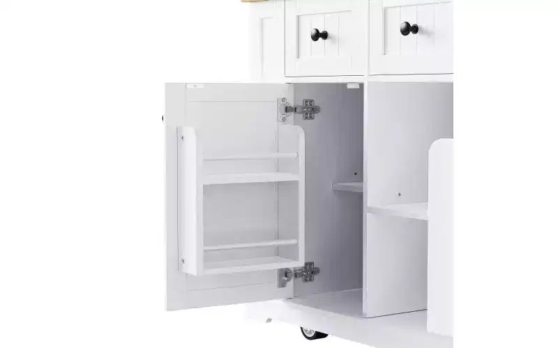 JVNOXK Îlot de cuisine roulant à 5 roues de 134,62 cm avec plateau pliant, prise de courant, étagère de rangement avec porte et étagère latérale, convient aux cuisines, blanc