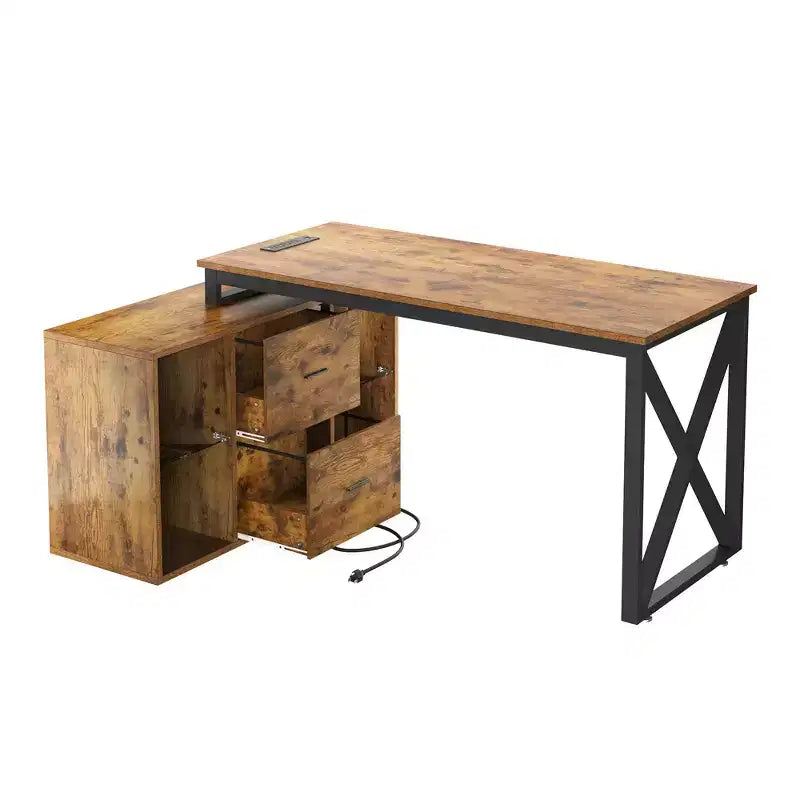 Bureau d'angle réversible en forme de L brun 55 pouces avec tiroirs et lumières LED et 4 étagères de rangement ouvertes en verre