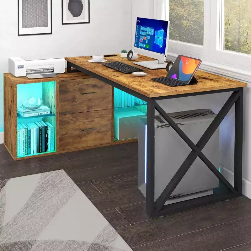 Bureau d'angle réversible en forme de L brun 55 pouces avec tiroirs et lumières LED et 4 étagères de rangement ouvertes en verre