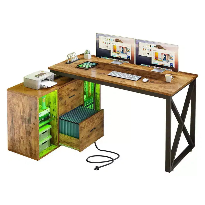 Bureau d'angle réversible en forme de L brun 55 pouces avec tiroirs et lumières LED et 4 étagères de rangement ouvertes en verre