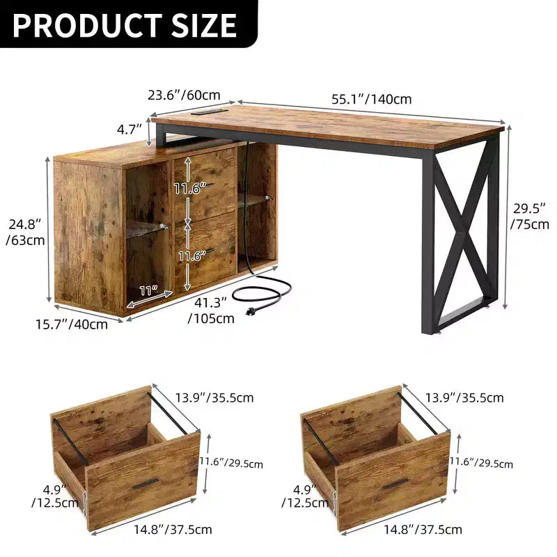 Bureau d'angle réversible en forme de L brun 55 pouces avec tiroirs et lumières LED et 4 étagères de rangement ouvertes en verre