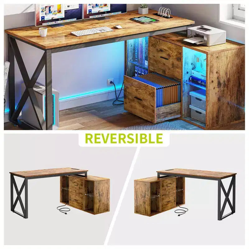 Bureau d'angle réversible en forme de L brun 55 pouces avec tiroirs et lumières LED et 4 étagères de rangement ouvertes en verre