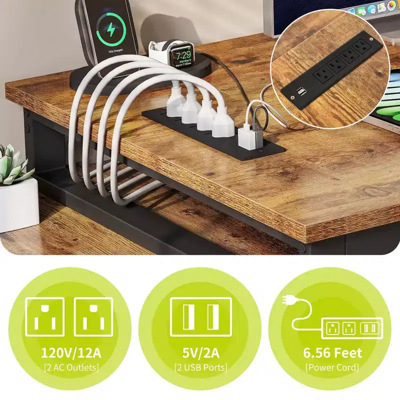 Bureau d'angle réversible en forme de L brun 55 pouces avec tiroirs et lumières LED et 4 étagères de rangement ouvertes en verre