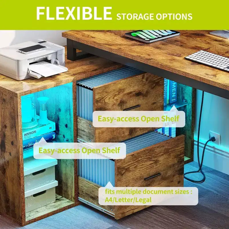 Bureau d'angle réversible en forme de L brun 55 pouces avec tiroirs et lumières LED et 4 étagères de rangement ouvertes en verre