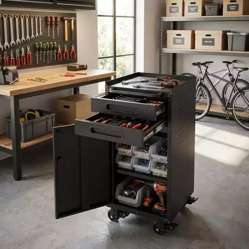 VIYET 34 Chariot de rangement fin à roulettes - Rangement compact à 2 tiroirs avec porte verrouillable, noir