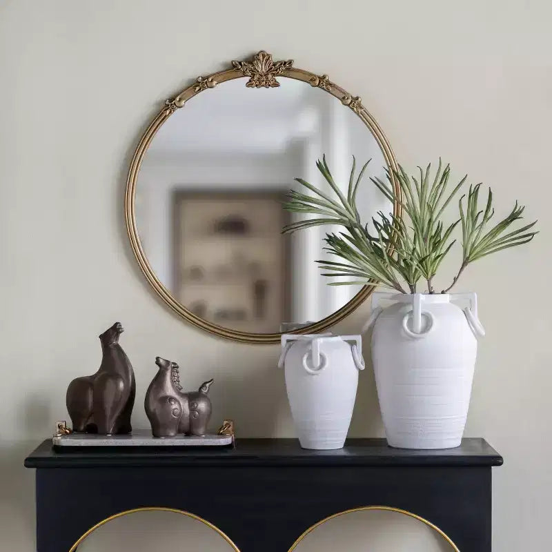 Miroir mural décoratif rond doré vintage de 76 cm, miroir orné de crêtes de feuilles baroques pour cheminée, entrée - Panipeachy