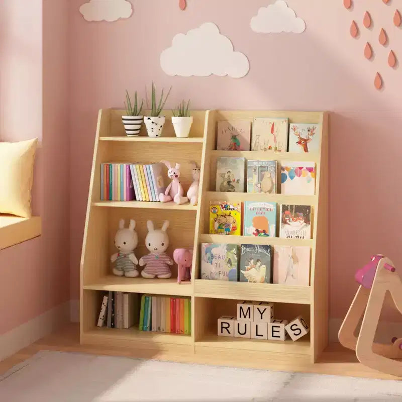 Étagère à Livres pour Enfants 4 Niveaux en Bois avec Rangement Jouets, Présentoir à Livres Frontal pour Chambre d'Enfant, Naturel