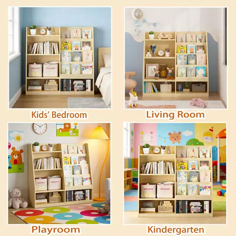 Étagère à Livres pour Enfants 4 Niveaux en Bois avec Rangement Jouets, Présentoir à Livres Frontal pour Chambre d'Enfant, Naturel