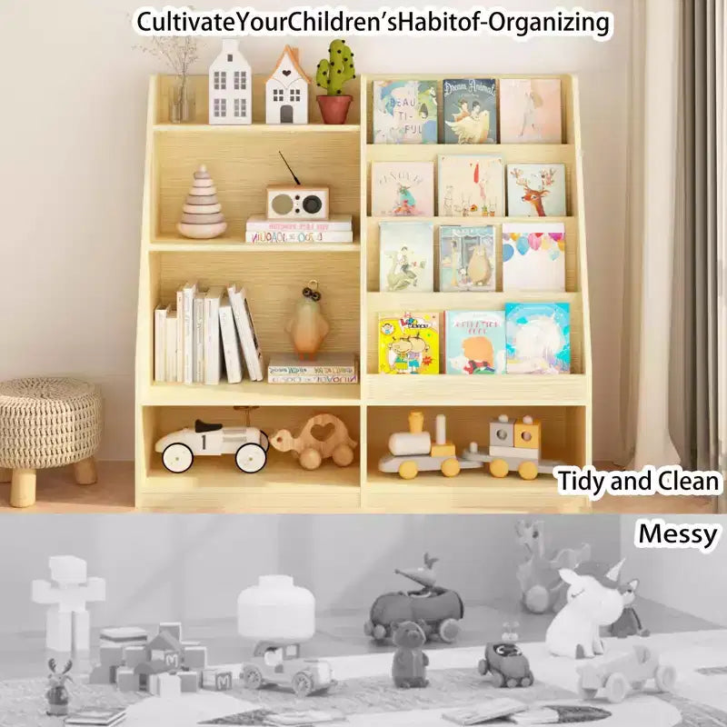 Étagère à Livres pour Enfants 4 Niveaux en Bois avec Rangement Jouets, Présentoir à Livres Frontal pour Chambre d'Enfant, Naturel