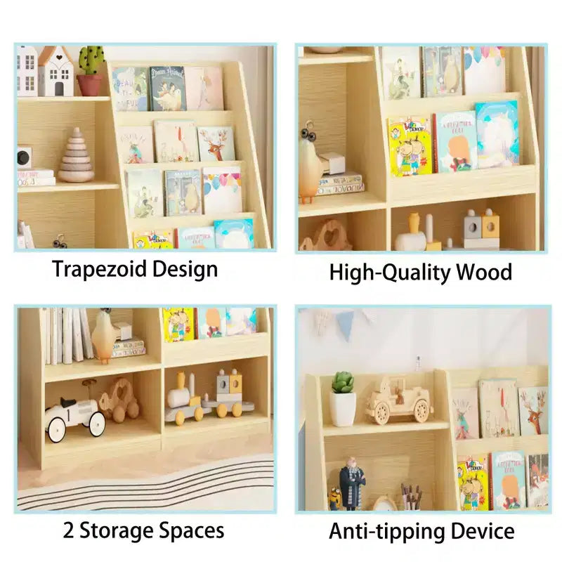 Étagère à Livres pour Enfants 4 Niveaux en Bois avec Rangement Jouets, Présentoir à Livres Frontal pour Chambre d'Enfant, Naturel