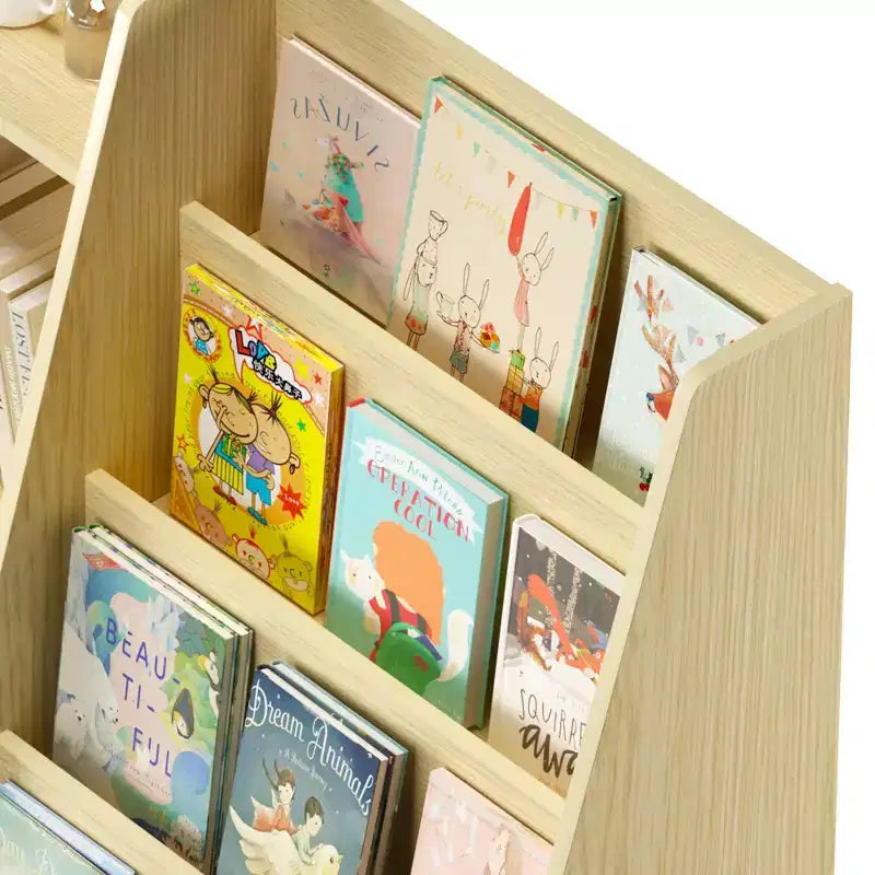Étagère à Livres pour Enfants 4 Niveaux en Bois avec Rangement Jouets, Présentoir à Livres Frontal pour Chambre d'Enfant, Naturel