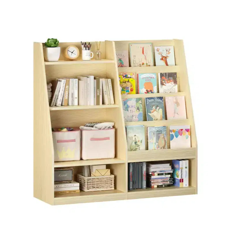 Étagère à Livres pour Enfants 4 Niveaux en Bois avec Rangement Jouets, Présentoir à Livres Frontal pour Chambre d'Enfant, Naturel