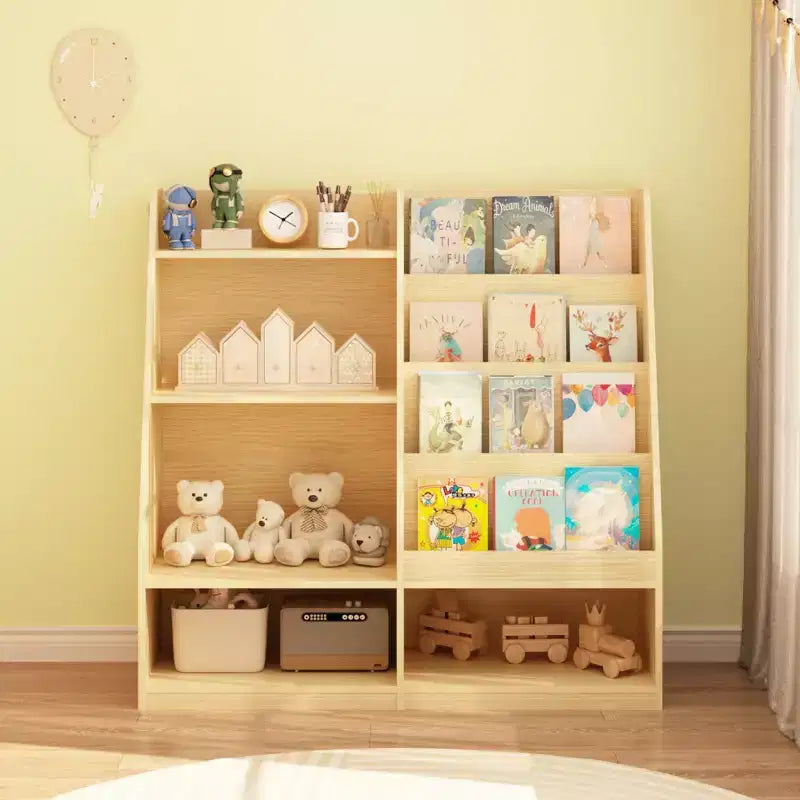 Étagère à Livres pour Enfants 4 Niveaux en Bois avec Rangement Jouets, Présentoir à Livres Frontal pour Chambre d'Enfant, Naturel