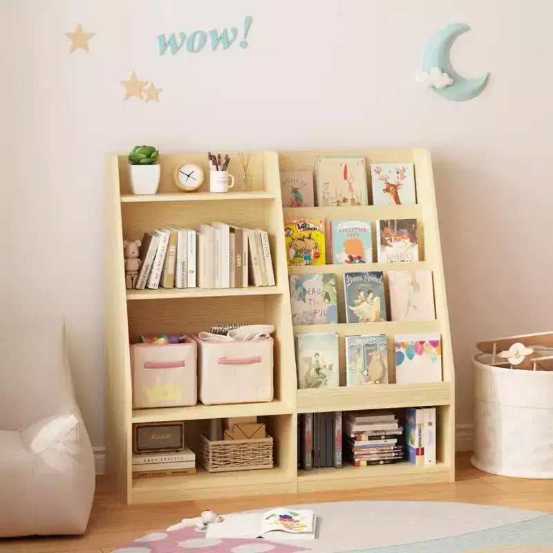 Étagère à Livres pour Enfants 4 Niveaux en Bois avec Rangement Jouets, Présentoir à Livres Frontal pour Chambre d'Enfant, Naturel