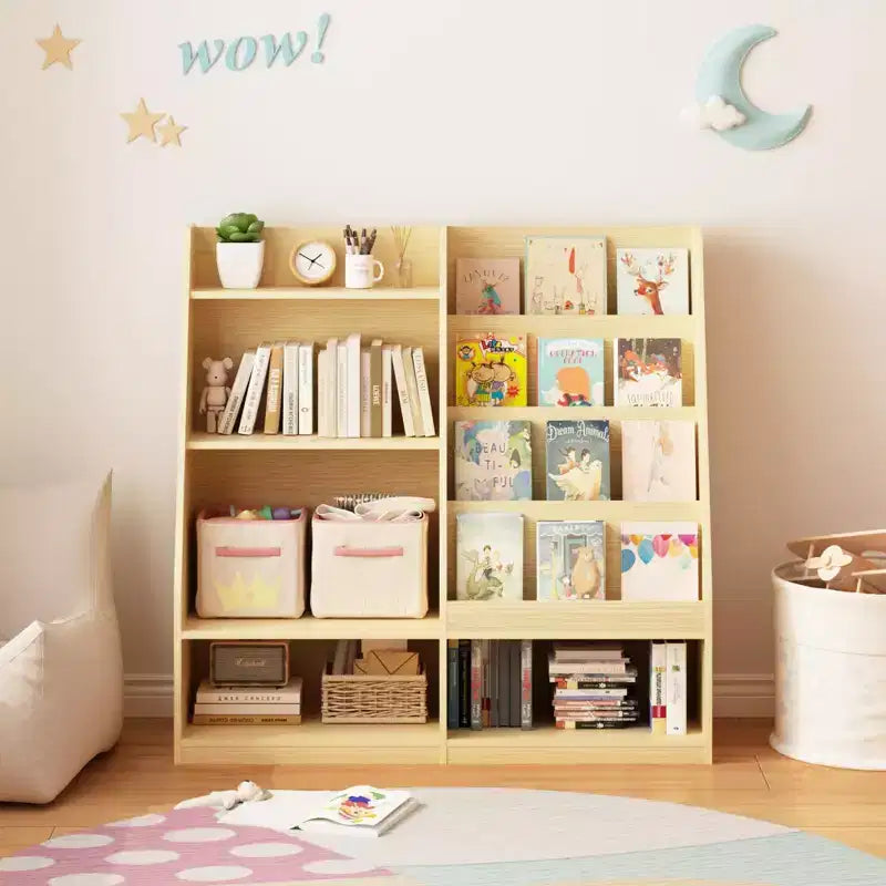 Étagère à Livres pour Enfants 4 Niveaux en Bois avec Rangement Jouets, Présentoir à Livres Frontal pour Chambre d'Enfant, Naturel