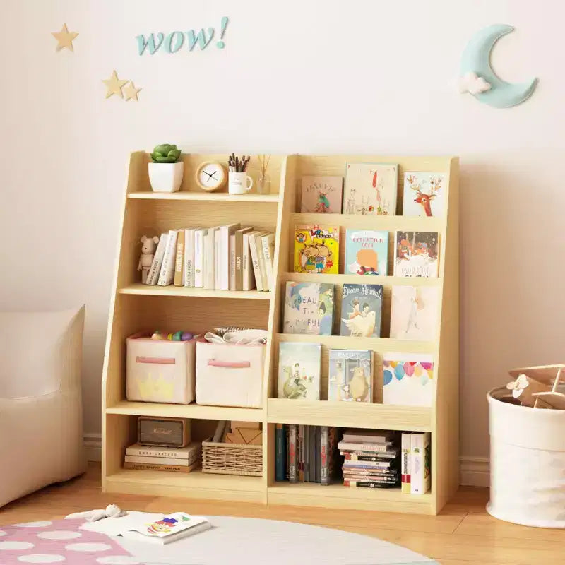 Étagère à Livres pour Enfants 4 Niveaux en Bois avec Rangement Jouets, Présentoir à Livres Frontal pour Chambre d'Enfant, Naturel