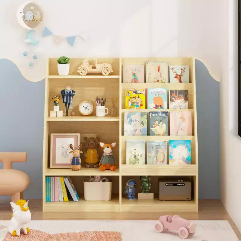 Étagère à Livres pour Enfants 4 Niveaux en Bois avec Rangement Jouets, Présentoir à Livres Frontal pour Chambre d'Enfant, Naturel