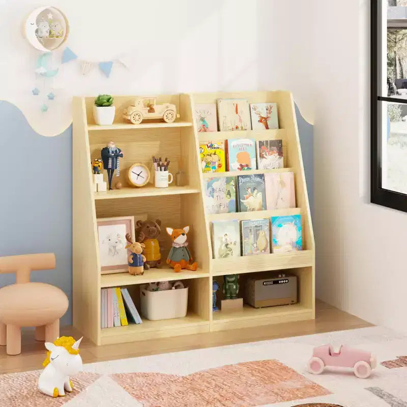 Étagère à Livres pour Enfants 4 Niveaux en Bois avec Rangement Jouets, Présentoir à Livres Frontal pour Chambre d'Enfant, Naturel