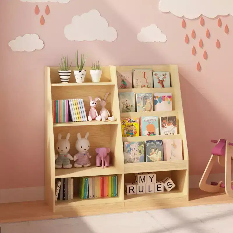 Étagère à Livres pour Enfants 4 Niveaux en Bois avec Rangement Jouets, Présentoir à Livres Frontal pour Chambre d'Enfant, Naturel