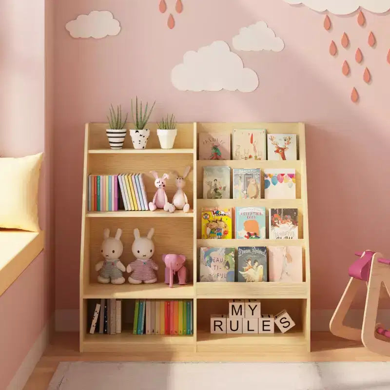 Étagère à Livres pour Enfants 4 Niveaux en Bois avec Rangement Jouets, Présentoir à Livres Frontal pour Chambre d'Enfant, Naturel