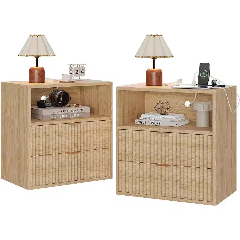 Table de Chevet de Ferme Cannelée, Table de Nuit Mid-Century Moderne de 23" avec 2 Tiroirs, Table d'Appoint en Bois pour Chambre, Canapé, Bureau à Domicile