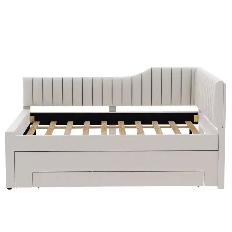 Lit de jour moderne en lin pleine grandeur Luxystar avec lit gigogne et 3 tiroirs