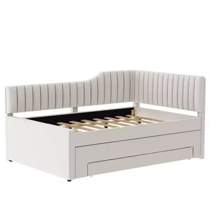 Lit de jour moderne en lin pleine grandeur Luxystar avec lit gigogne et 3 tiroirs