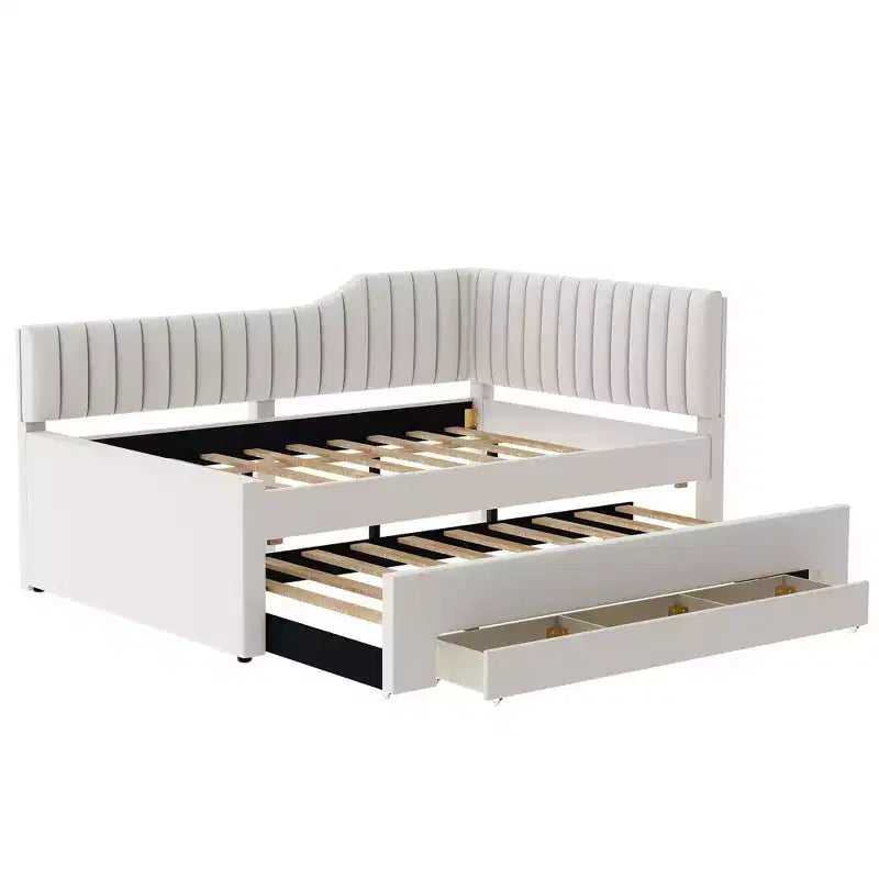 Lit de jour moderne en lin pleine grandeur Luxystar avec lit gigogne et 3 tiroirs