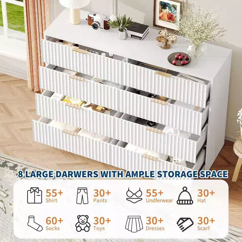 Commode à 8 tiroirs pour chambre à coucher, grande commode cannelée, organisateur de rangement en bois, armoire de rangement pour chambre à coucher, salon, maison