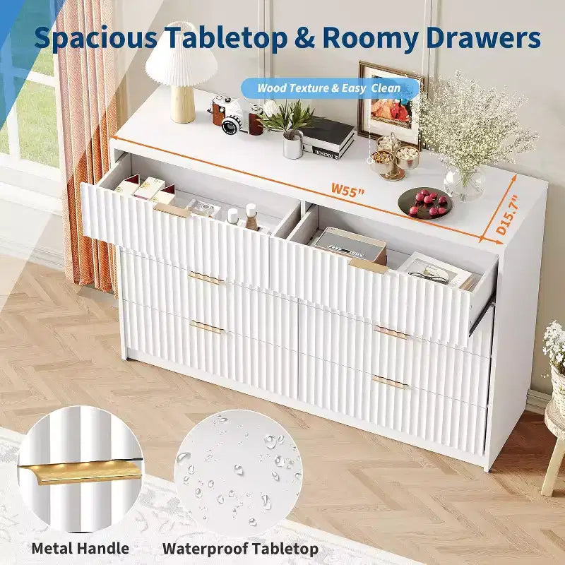 Commode à 8 tiroirs pour chambre à coucher, grande commode cannelée, organisateur de rangement en bois, armoire de rangement pour chambre à coucher, salon, maison