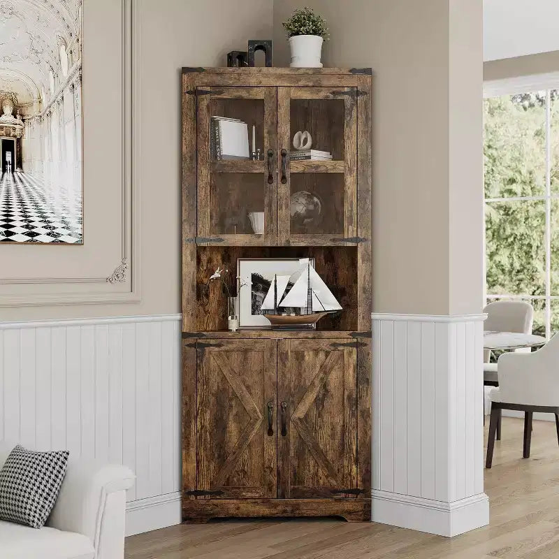 Meuble de rangement d'angle de 170 cm de haut avec lumières, buffet d'angle de ferme avec portes vitrées, organisateur de rangement en bois pour cuisine
